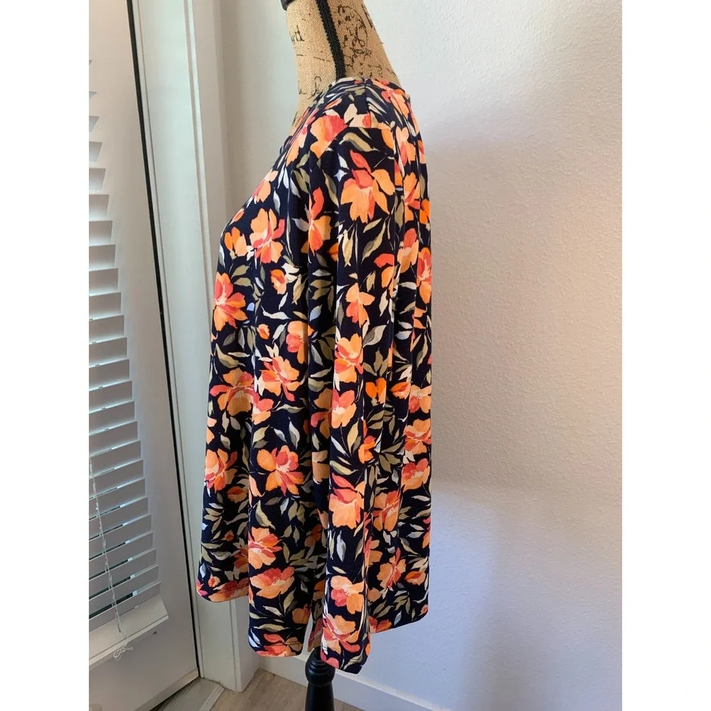 (F-185)Denim & Co Floral Tunic Top Women's Petite XL Navy Orange Long Sleeve QVC